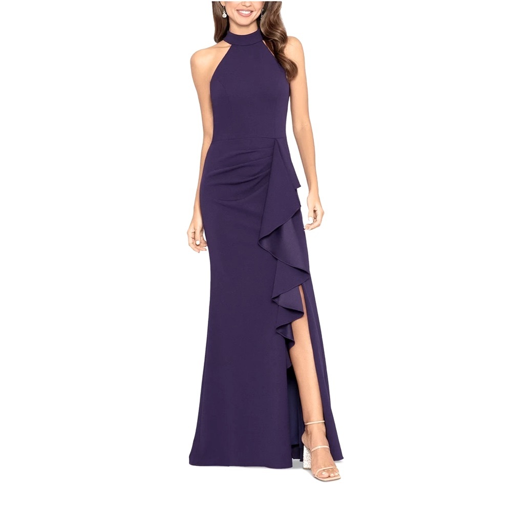 NWT Betsy & Adam Navy High-Neck Ruffle-Detail Slit-Hem Gown, size 4